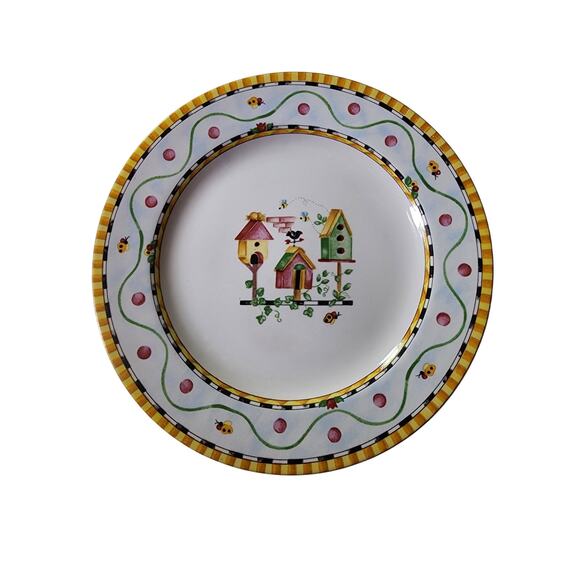 Set of 4 COVENTRY Penelopes Garden Birdhouses Whimsical Stoneware 8" Salad Plate - Picture 1 of 4
